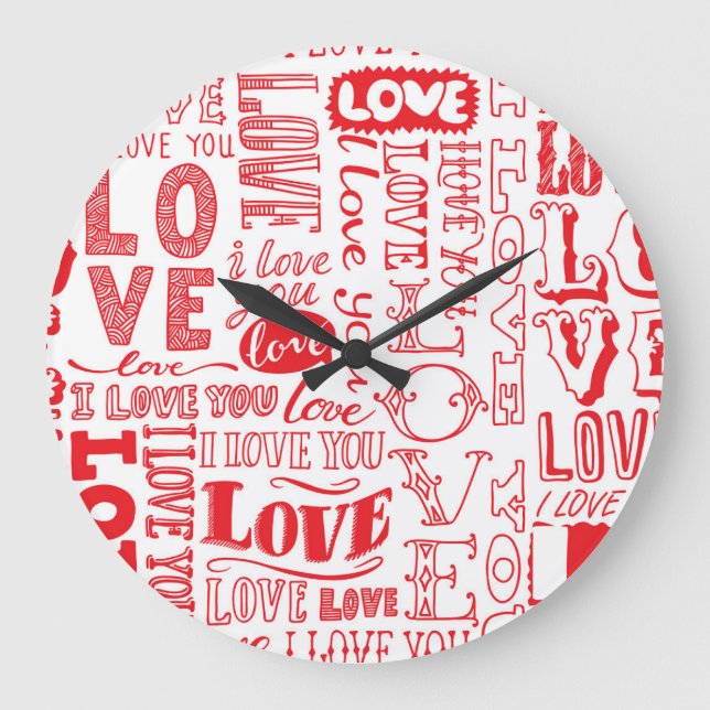 HandGezeichnet Liebe Doodles Nahtloser Hintergrund Große Wanduhr (Vorderseite)