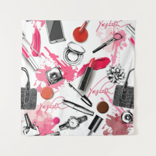 Handgezeichnet Make-up, Vintages Grafikmuster. Wandteppich