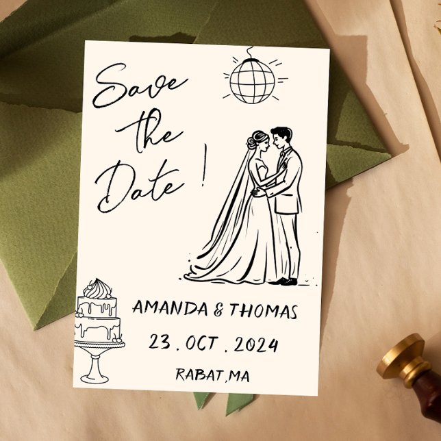 Handgezeichnet Retro Creme Whimsical Save The Date (Von Creator hochgeladen)