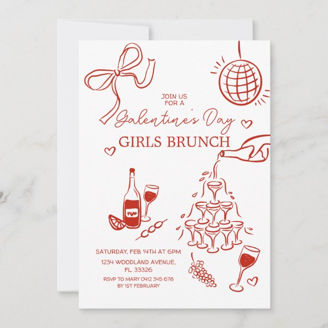 HandGezeichnet Rote Galentine-Tagesmädchen Brunch Einladung (Vorderseite)