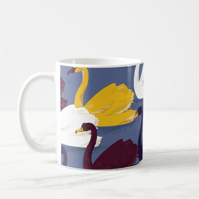 Handgezeichnet Schwäne, blaues Seemuster. Kaffeetasse (Links)