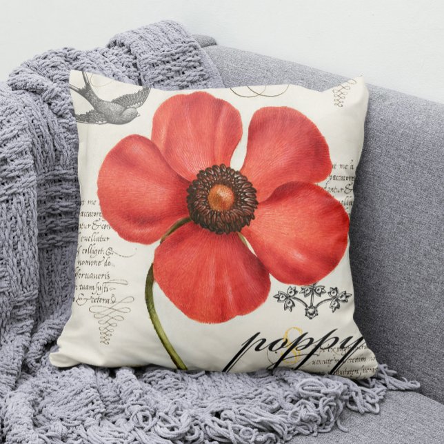 HandGezeichnet Vintager Roter Mohn-Pop Kissen (Our Vintage Red Poppy Throw Pillow Adds a Splash of Color to Any Room!)