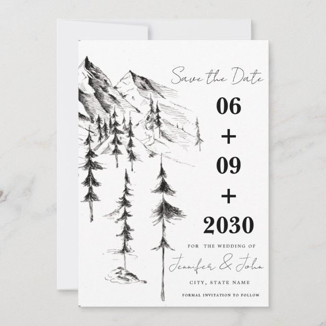 Handgezeichnet Wald- und Bergbau-Hochzeit in Urlau Save The Date (Vorderseite)