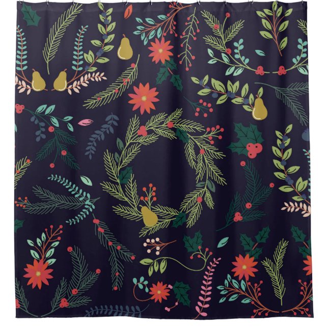 Handgezeichnet Weihnachtsflorale: Vintage Kollekti Duschvorhang (Vorderseite)