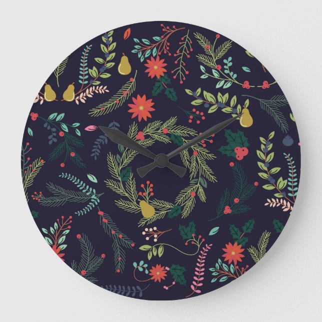 Handgezeichnet Weihnachtsflorale: Vintage Kollekti Große Wanduhr (Vorderseite)