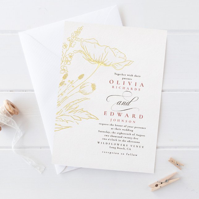 Handgezeichnet Wildblumen Dusty Pink Elegante Hoch Folieneinladung (Gold foil wildflowers wedding invites)