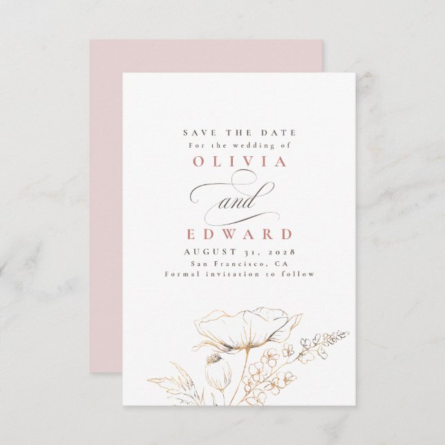 Handgezeichnet Wildblumen Dusty Pink Save the Date (Vorne/Hinten)