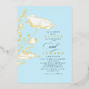 Handgezeichnet Wildblumen Elegant Light Blue Weddi Folieneinladung