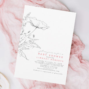 Handgezeichnet Wildblumen Elegant Pink Babydusche Einladung