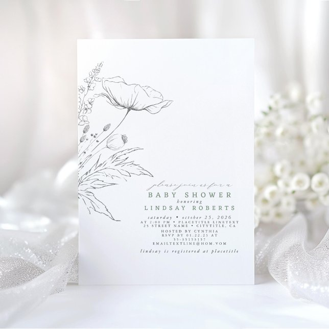 Handgezeichnet Wildblumen Elegant Sage Baby Dusche Einladung (Minimalist Baby Shower Invitations with Wildflowers)