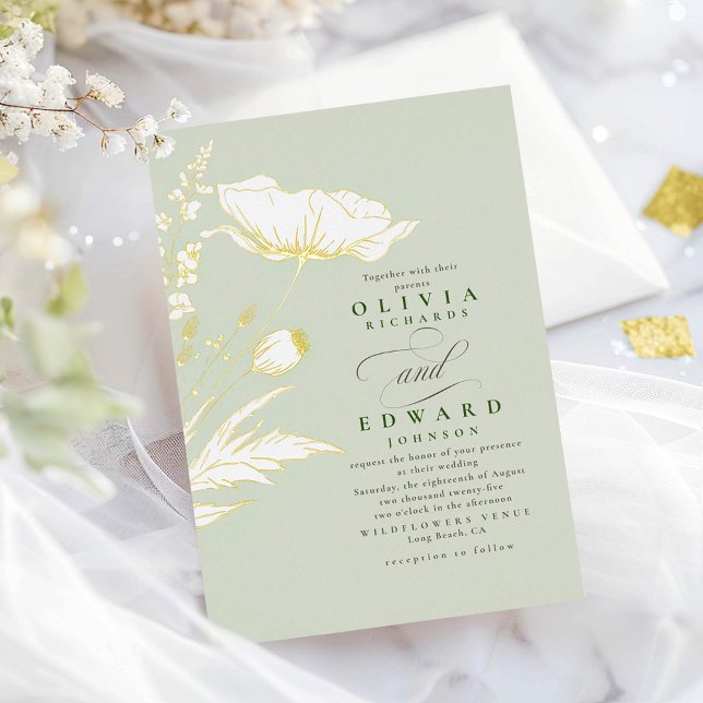 Handgezeichnet Wildblumen Elegante Hochzeit Folieneinladung (Gold Foil Wildflowers Sage Wedding Invitations)