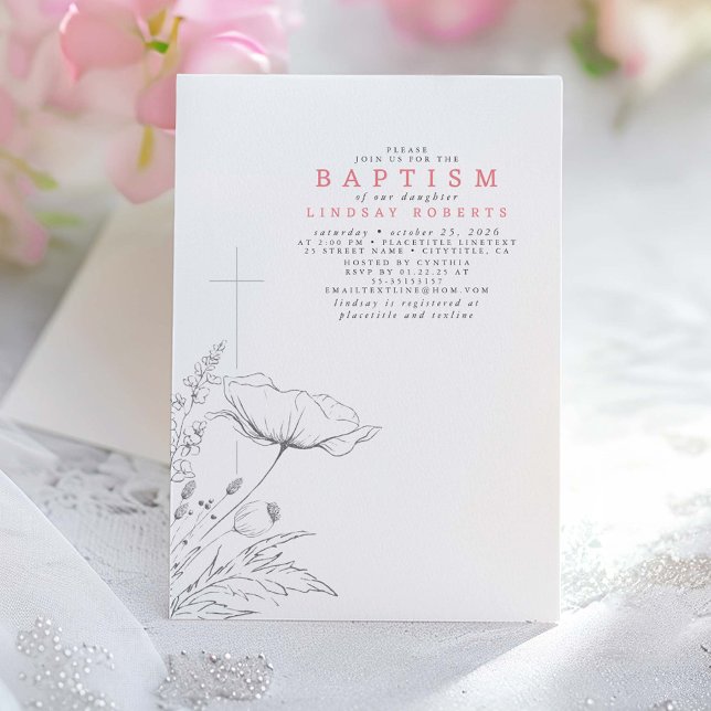 Handgezeichnet Wildblumen Elegante rosa Taufe Einladung (Wildflowers Pink Baptism Invitation)