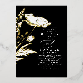 Handgezeichnet Wildblumen Elegante Schwarze Hochze Folieneinladung