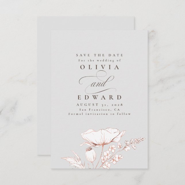Handgezeichnet Wildblumen Light Gray Save the Date (Vorne/Hinten)