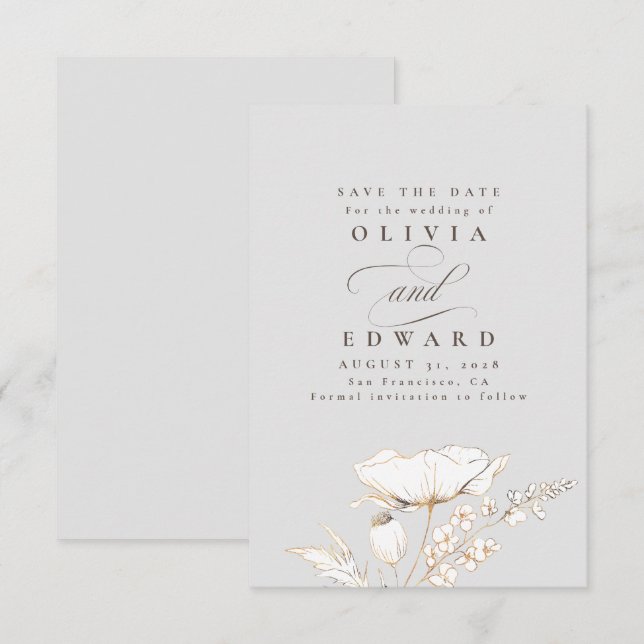 Handgezeichnet Wildblumen Light Gray Save the Date (Vorne/Hinten)