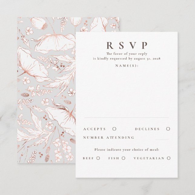 Handgezeichnet Wildblumen Rose Gold Wedding RSVP (Vorne/Hinten)