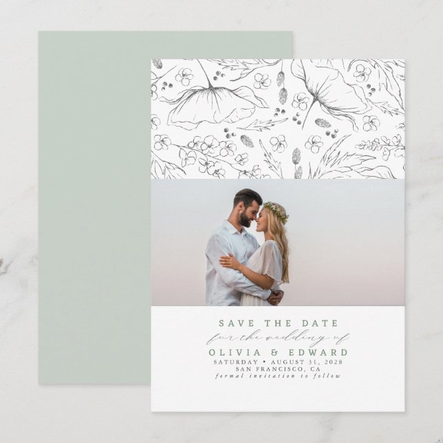 Handgezeichnet Wildblumen Sage Save the Date Foto (Vorne/Hinten)