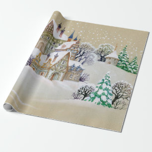 Handgezeichnete Abbildung mit Winterlandschaft und Geschenkpapier