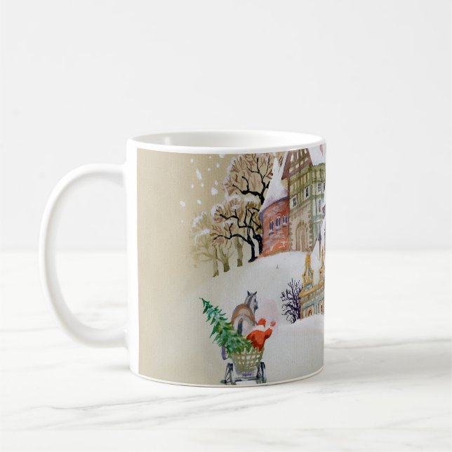 Handgezeichnete Abbildung mit Winterlandschaft und Kaffeetasse (Links)