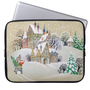 Handgezeichnete Abbildung mit Winterlandschaft und Laptopschutzhülle