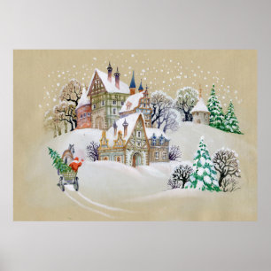 Handgezeichnete Abbildung mit Winterlandschaft und Poster