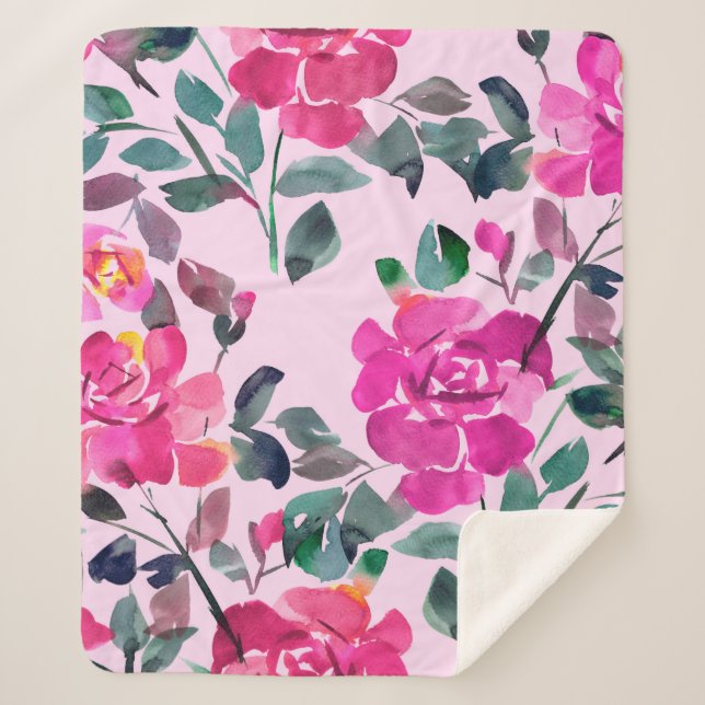 Handgezeichnete Aquarellfarben opulente Rose. Naht Sherpadecke (Vorderseite)