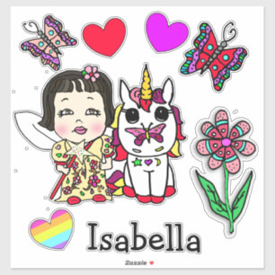 Handgezeichnete asiatische Fairy, Einhorn und Name Aufkleber