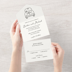 Handgezeichnete Auto-Doodle-Moderne-Hochzeit All In One Einladung