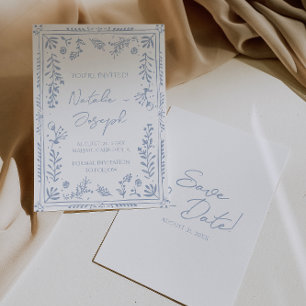 Handgezeichnete azurblaue florale Garten-Whimsy-Ho Save The Date