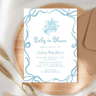 Handgezeichnete Baby-In-Blüte-Blumenblaue Babypart Einladung