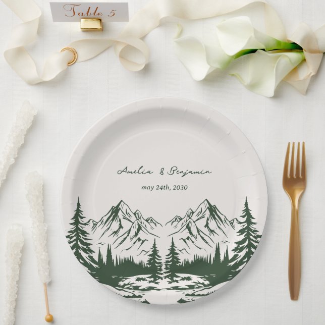 Handgezeichnete Berg-Sommer-Hochzeit Pappteller (Hochzeit)