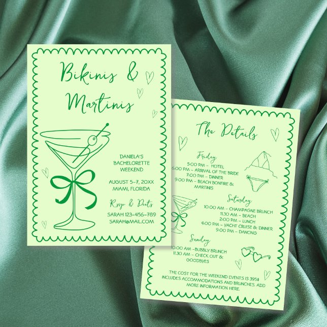 Handgezeichnete Bikinis & Martinis Grüner Bachelor Einladung (Hand Drawn Bikinis & Martinis Bachelorette Weekend Invitation weekend itinerary green)