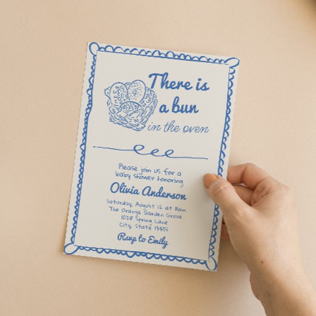 Handgezeichnete blaue Bun in der Oven Boy Baby Dus Einladung (Von Creator hochgeladen)