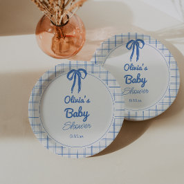 Handgezeichnete blaue Gingham-Schleife Baby Shower Pappteller