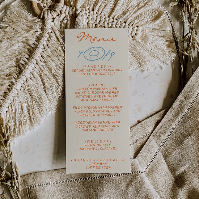 Handgezeichnete blaue orange whimsical Hochzeit Menükarte (Von Creator hochgeladen)