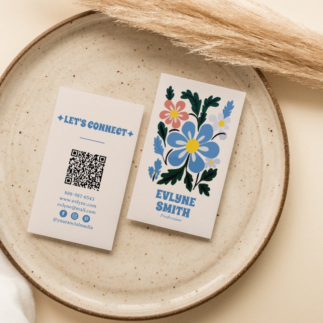 Handgezeichnete blaue Retro Groovy QR Code floral  Visitenkarte (Von Creator hochgeladen)