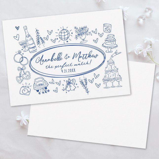 Handgezeichnete blaue Whimsical-Hochzeit Einladung (Hand Drawn Handwritten Blue Whimsical Wedding Invitation)