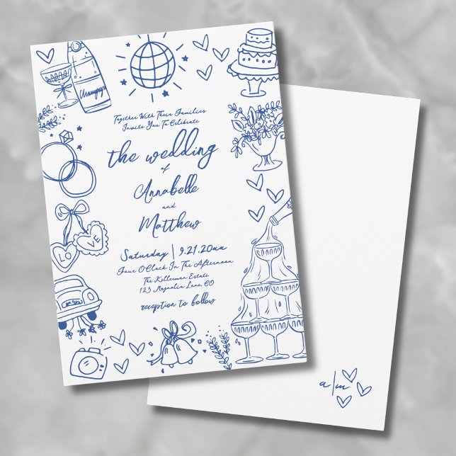 Handgezeichnete blaue wunderliche Hochzeit Einladung (Hand Drawn Bue Whimsical Wedding Invitation)