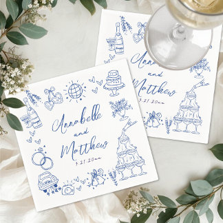 Handgezeichnete blaue wunderliche Hochzeit Serviette