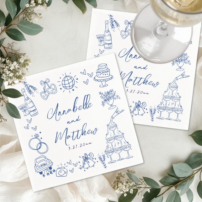 Handgezeichnete blaue wunderliche Hochzeit Serviette (Hand Drawn Blue Whimsical Wedding Napkins)