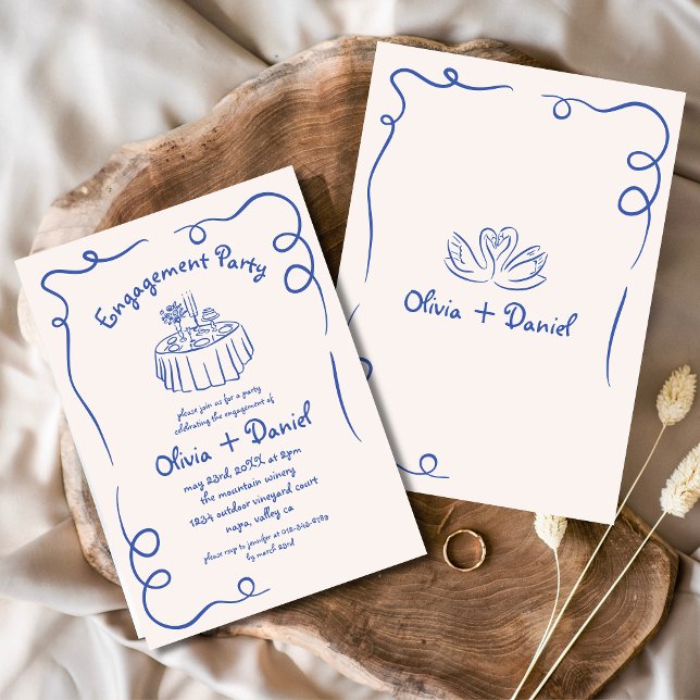 Handgezeichnete Blue Whimsical Engagement Party Einladung (Von Creator hochgeladen)