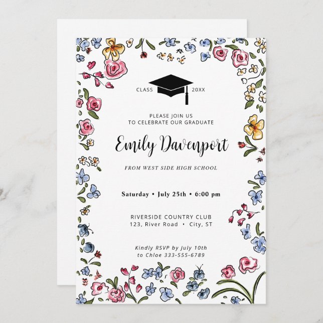 Handgezeichnete Blume Abschluss Foto auf der Rücks Einladung (Vorne/Hinten)