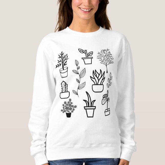Handgezeichnete Blume Doodles Schwarzweiß-Pflanze Sweatshirt (Vorderseite)