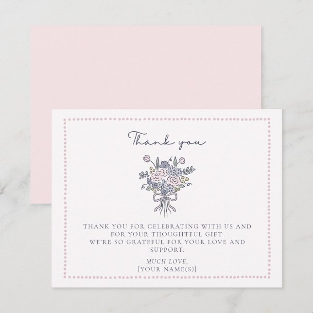 Handgezeichnete Blume, gepunkteter Rahmen Danke Ka Einladung (Vorne/Hinten)