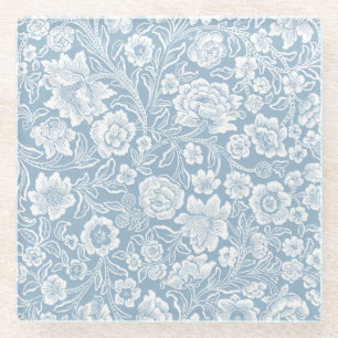Handgezeichnete Blumen, Blau Grau Weiße Botanische Glasuntersetzer