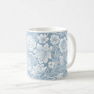 Handgezeichnete Blumen, Blau Grau Weiße Botanische Kaffeetasse