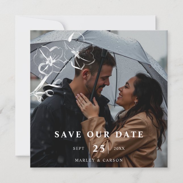 Handgezeichnete Blumenhochzeit QR Code Foto Square Save The Date (Vorderseite)