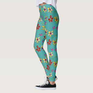 Handgezeichnete Blumenkunst auf Türkis Leggings