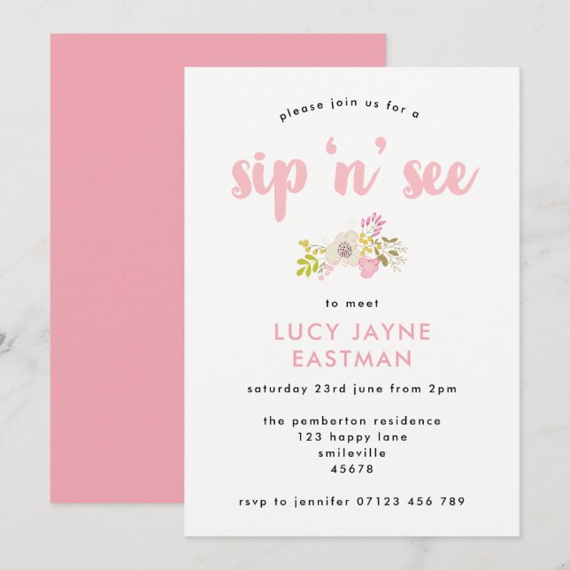 Handgezeichnete Blumenstrauß Sip und Siehe Einladu Einladung (Vorne/Hinten)