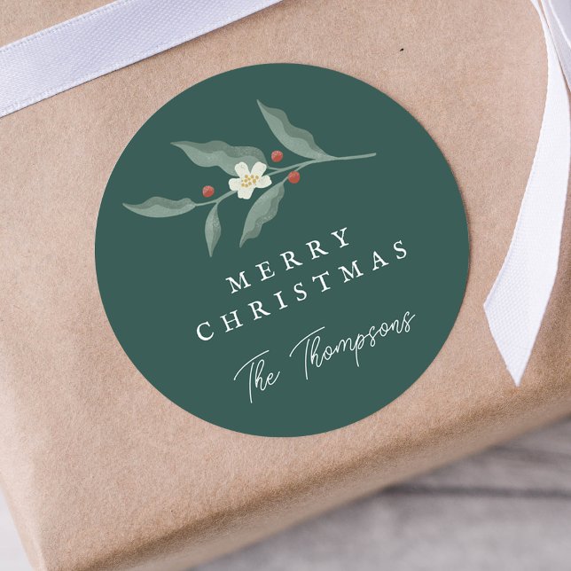 Handgezeichnete Blumenwein-Weihnachtsmarke Runder Aufkleber (Hand Drawn Floral Green Christmas Gift Tag)
